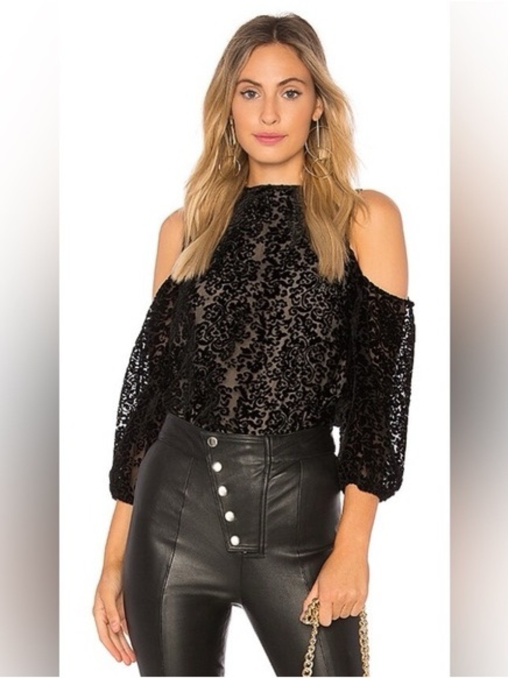 NWT Alice + Olivia Hallie Velvet Devoré Cold Shoulder Balloon Sleeves Blouse M